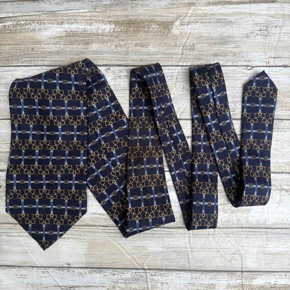 VTG Paolo Designed by Paolo Gucci Silk Tie OS Navy Bluer Equestrian Chain Italy